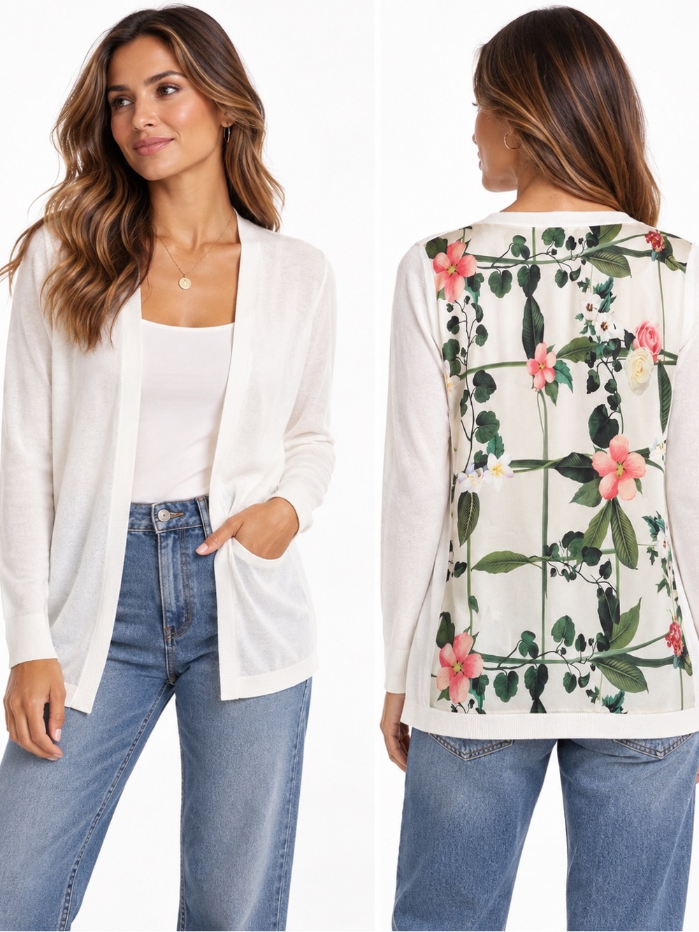 Ted Baker London Cream Open-Front Cardigan with Floral Back